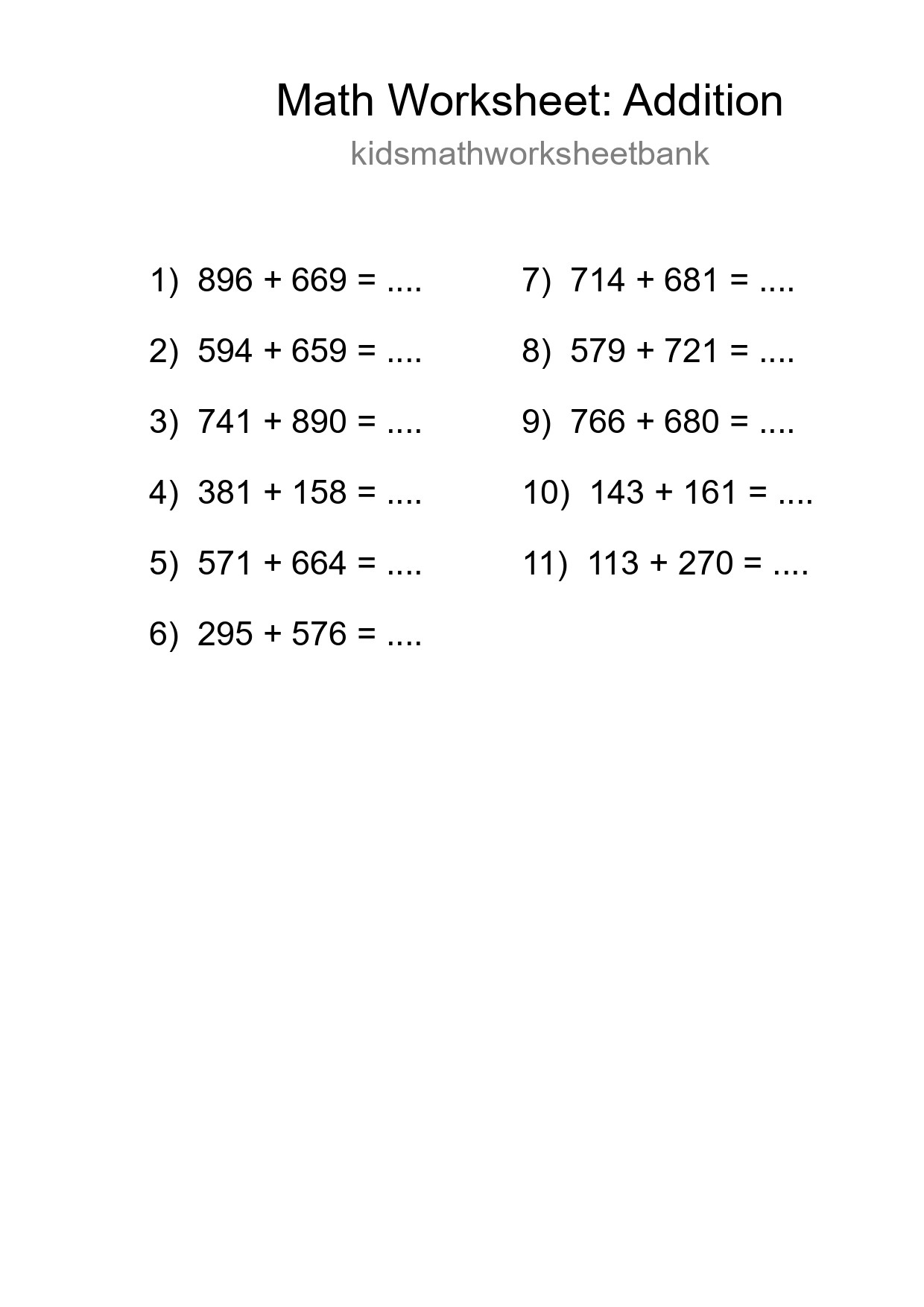 Printable Free 11 Addition Math Worksheet For Grade 5 - Part 100