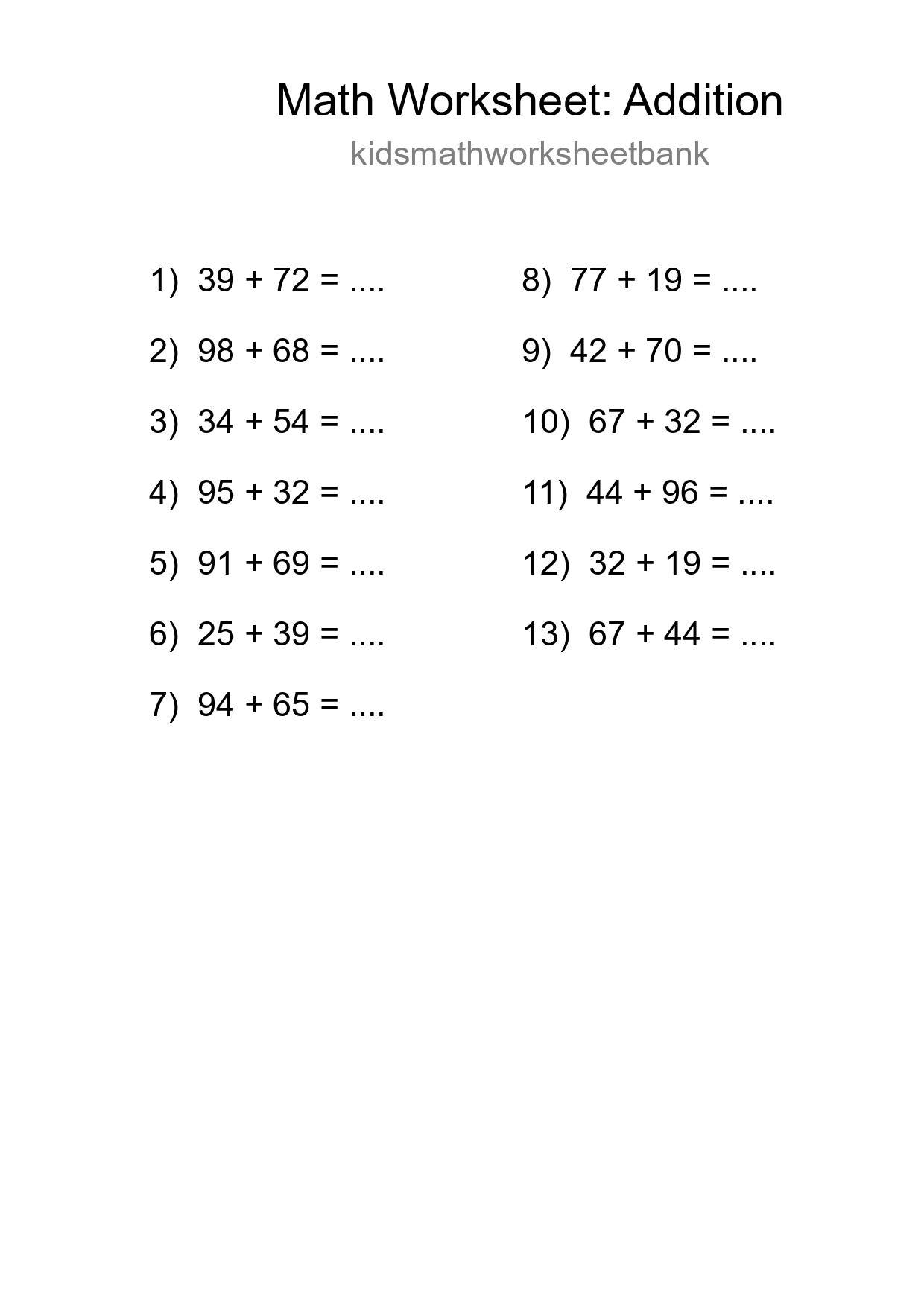 Printable Free 13 Addition Math Worksheet For Grade 3 - Part 144