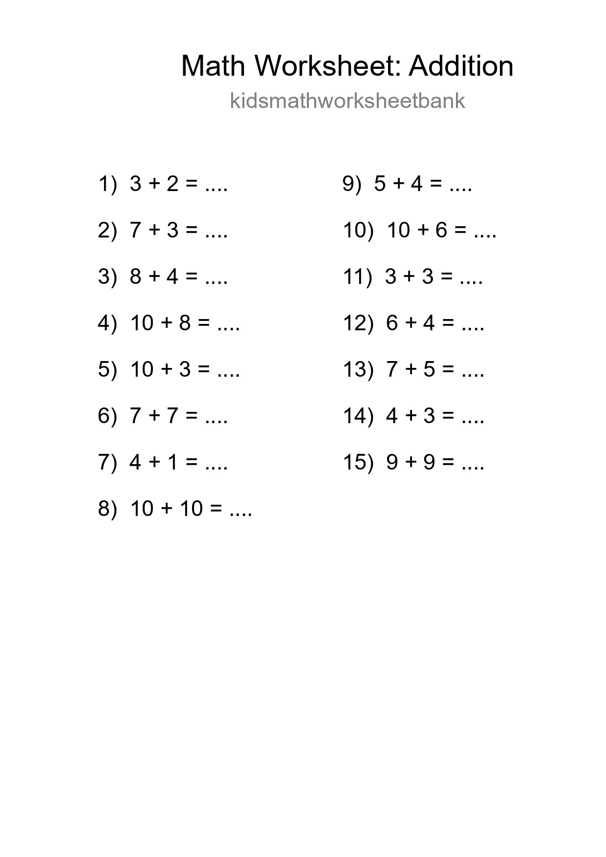 Printable Free 15 Addition Math Worksheet For Grade 1 - Part 78