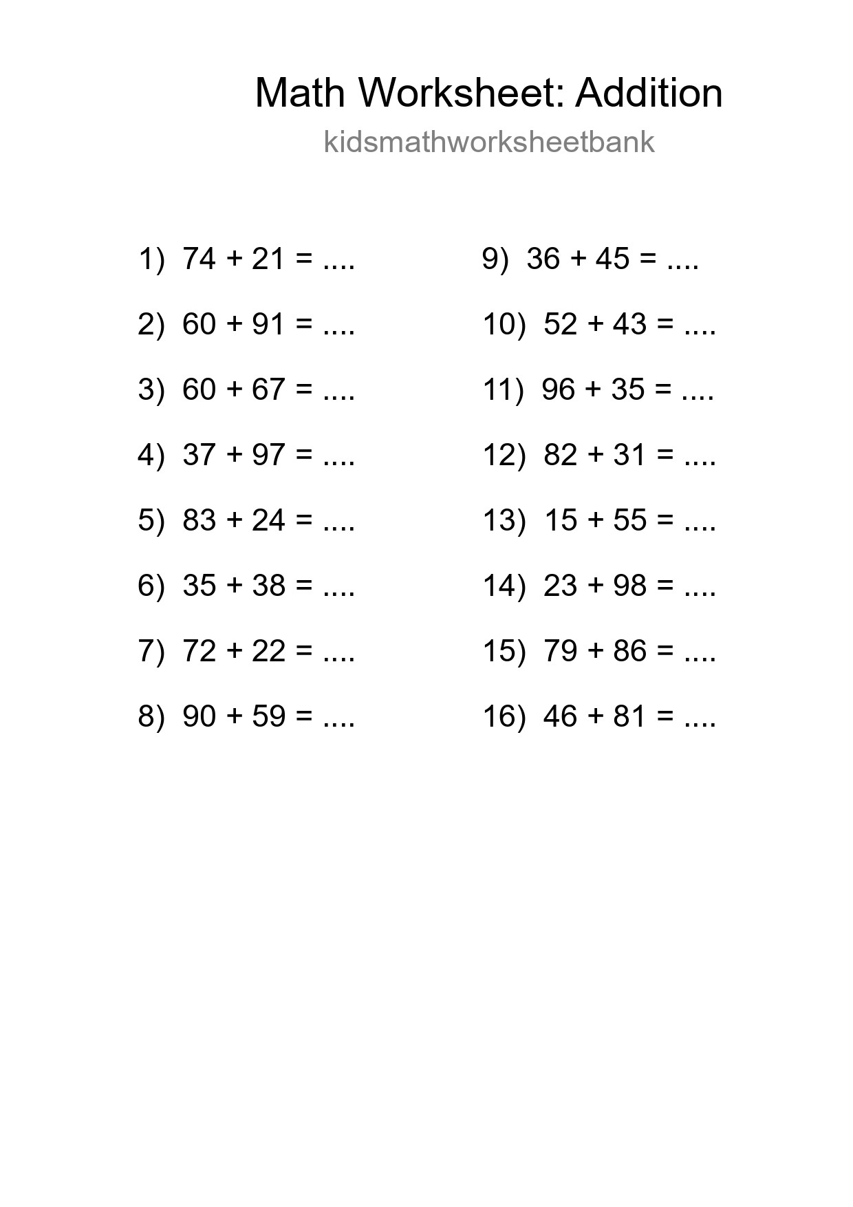 Printable Free 16 Addition Math Worksheet For Grade 3 - Part 133
