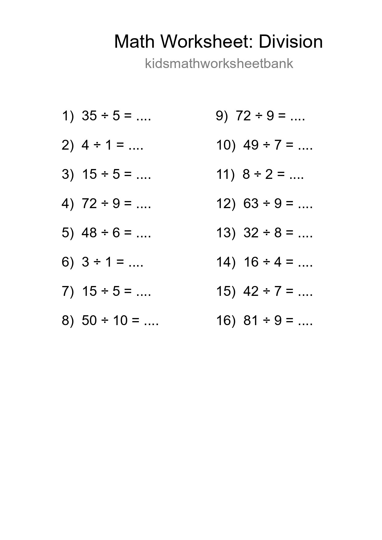 Printable Free 16 Division Math Worksheet For Grade 1 - Part 48