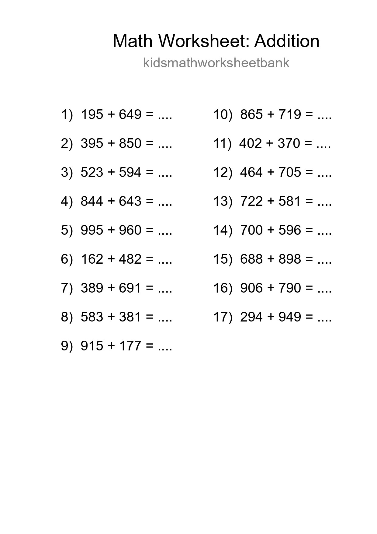 Printable Free 17 Addition Math Worksheet For Grade 5 - Part 111