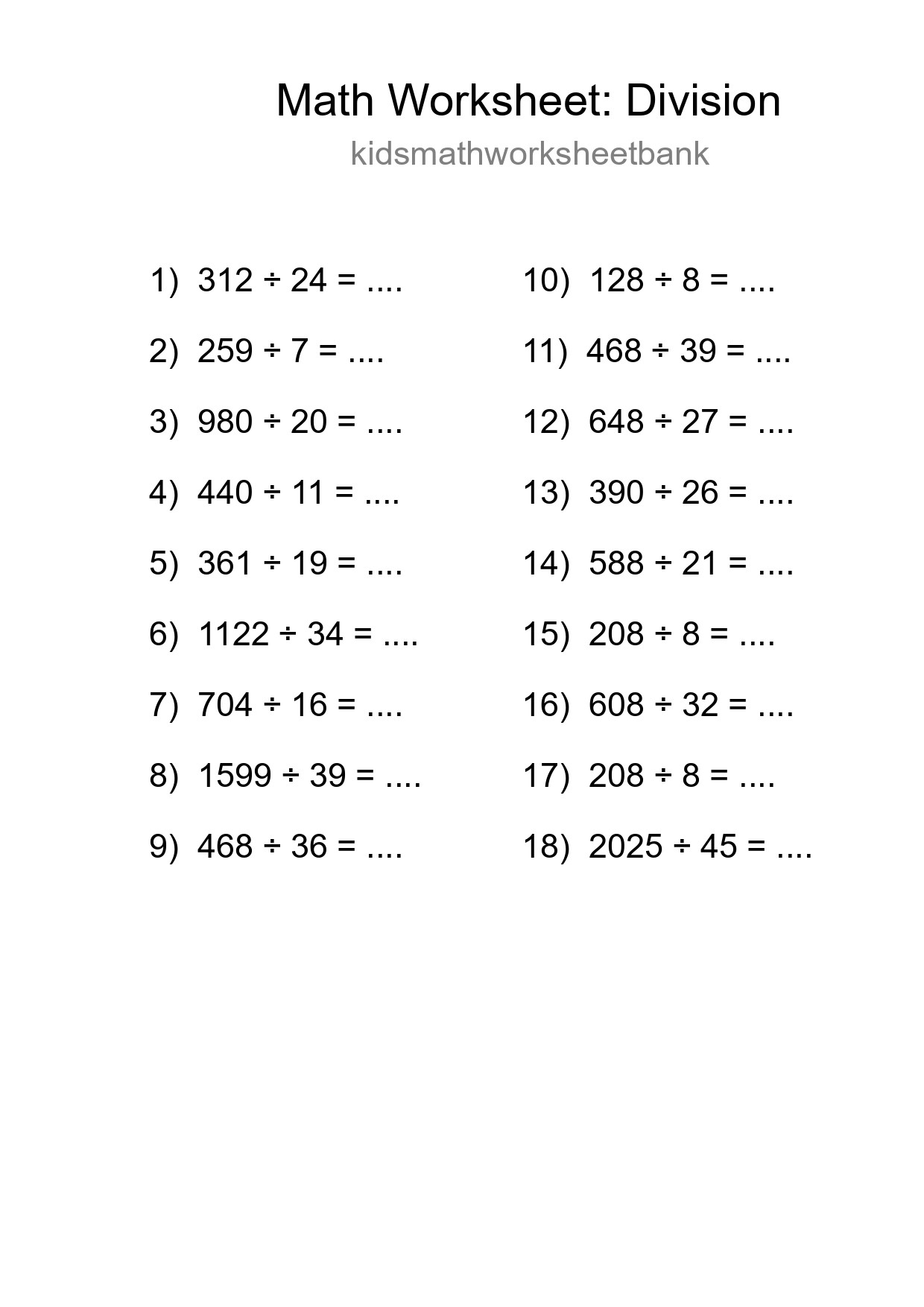 Printable Free 18 Division Math Worksheet For Grade 2 - Part 202