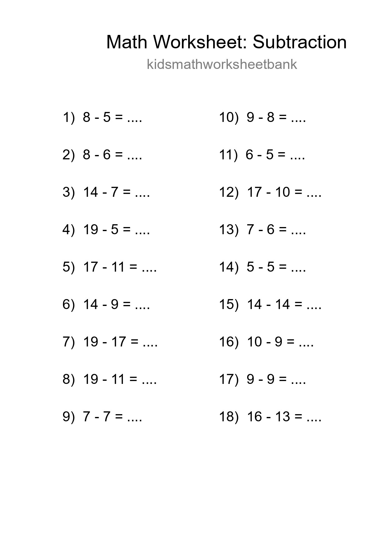Printable Free 18 Subtraction Math Worksheet For Grade 2 - Part 129
