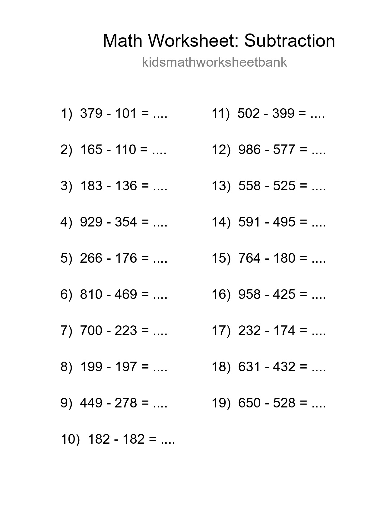 Printable Free 19 Subtraction Math Worksheet For Grade 5 - Part 195