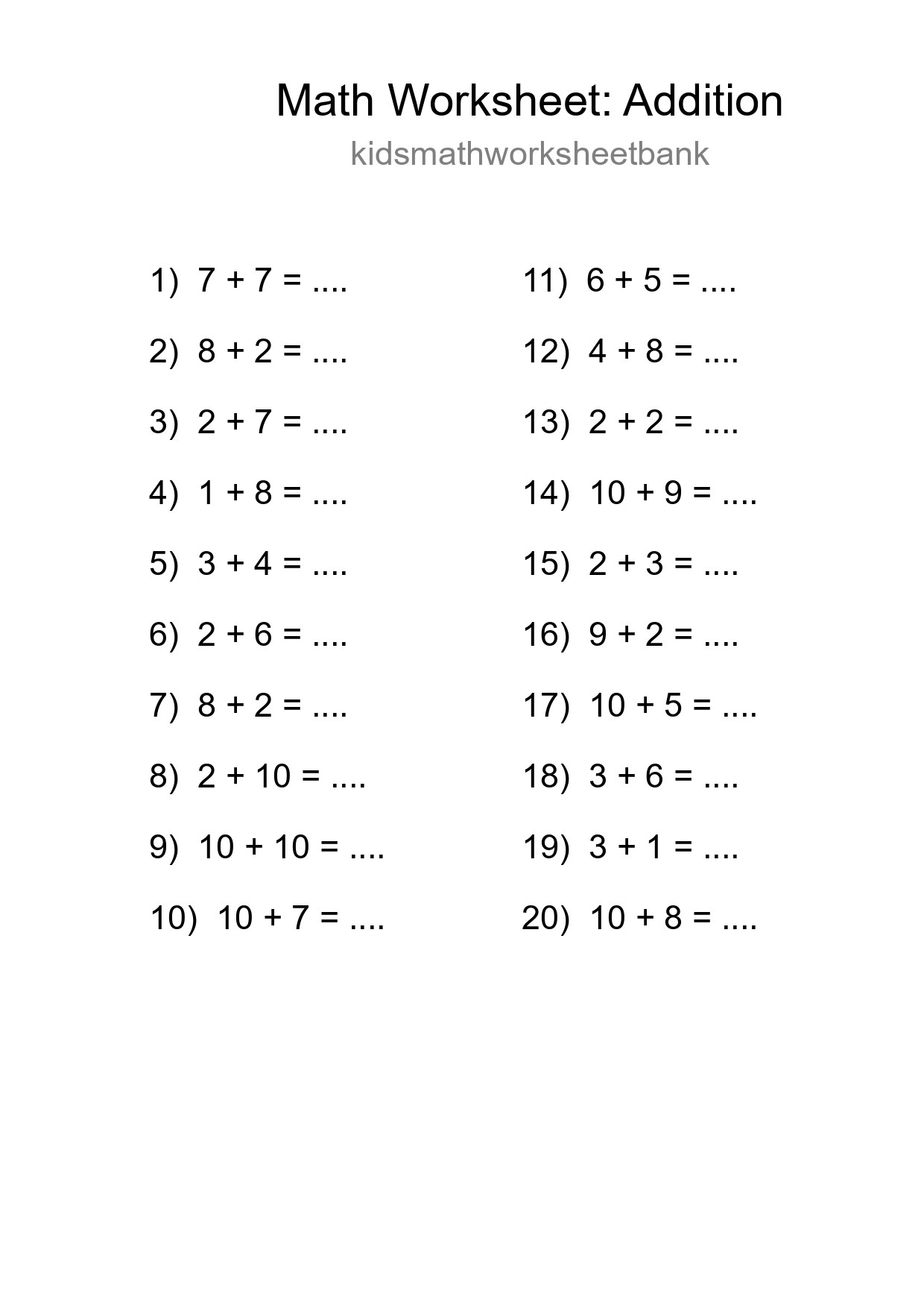 Printable Free 20 Addition Math Worksheet For Grade 1 - Part 67