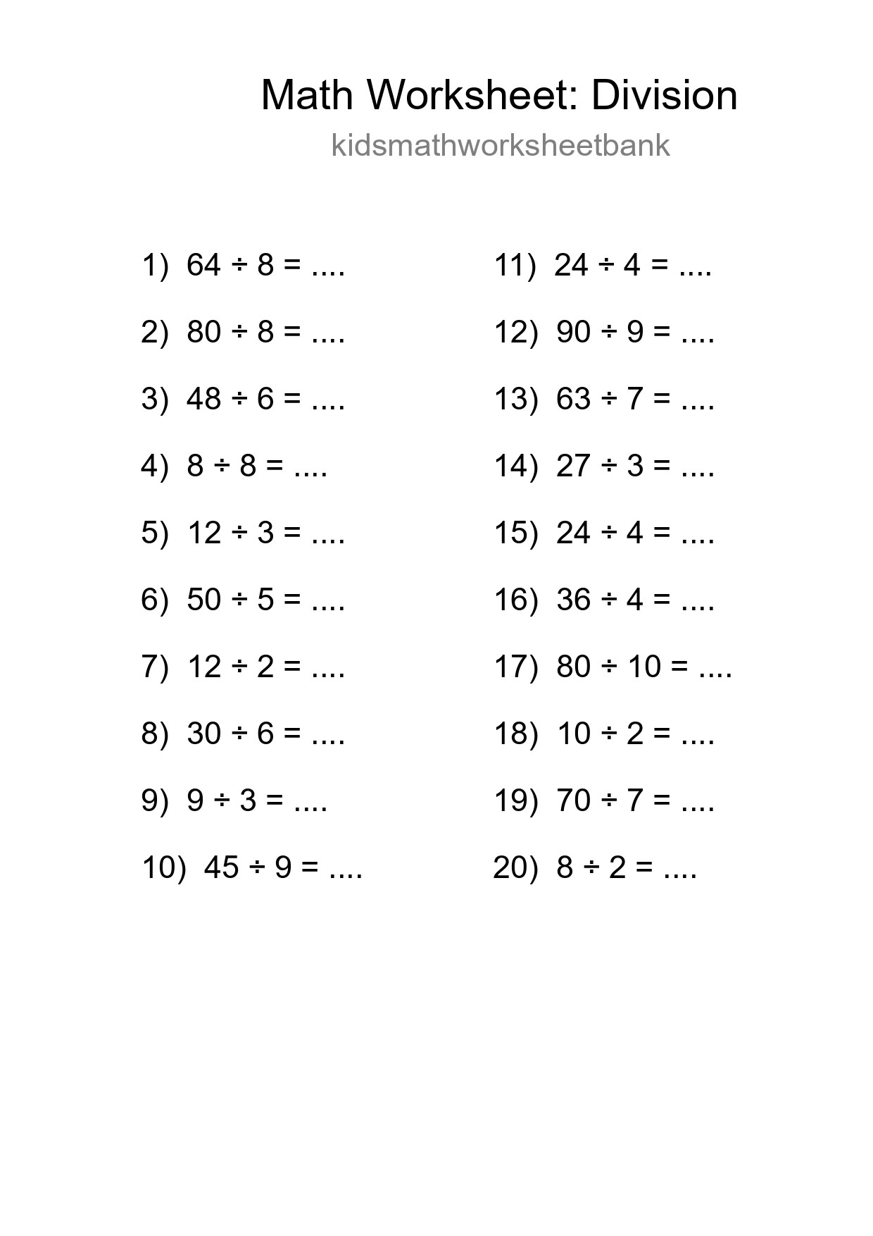 Printable Free 20 Division Math Worksheet For Grade 1 - Part 125