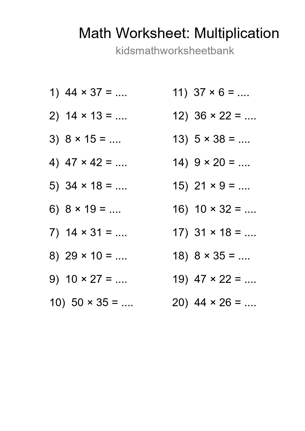 Printable Free 20 Multiplication Math Worksheet For Grade 2 - Part 183