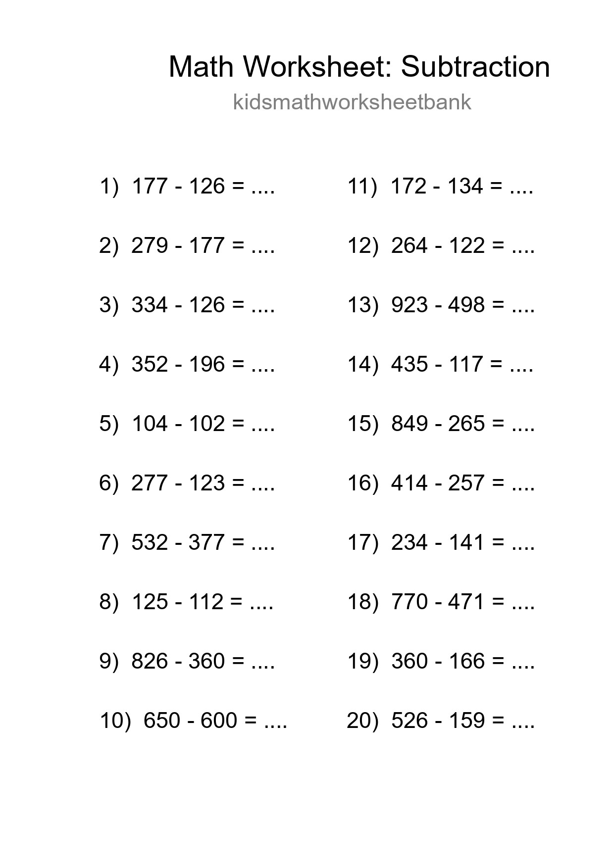 Printable Free 20 Subtraction Math Worksheet For Grade 5 - Part 19