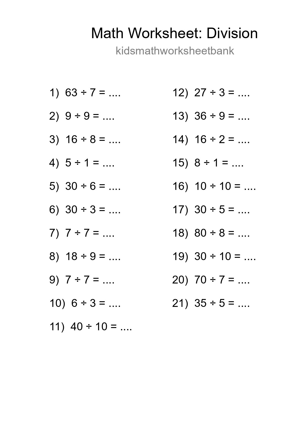 Printable Free 21 Division Math Worksheet For Grade 1 - Part 246