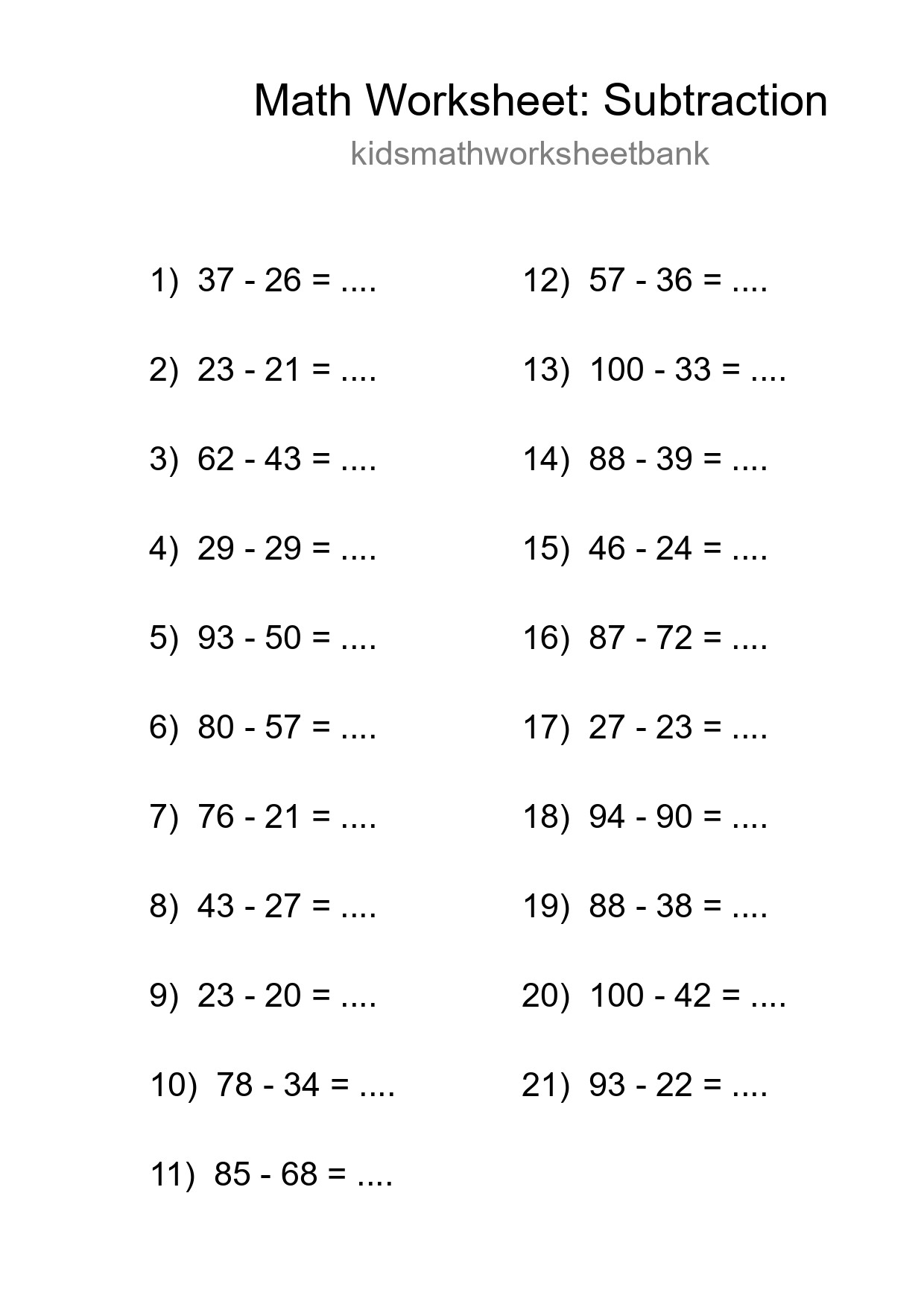 Printable Free 21 Subtraction Math Worksheet For Grade 3 - Part 173