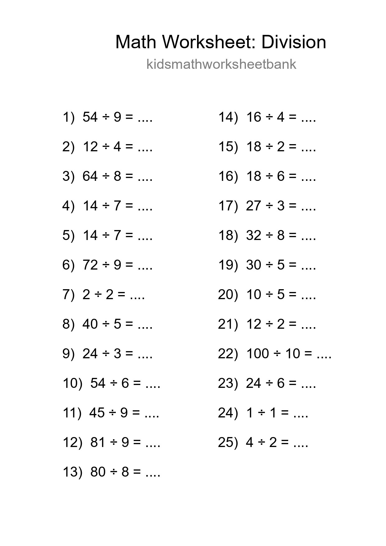 Printable Free 25 Division Math Worksheet For Grade 1 - Part 290