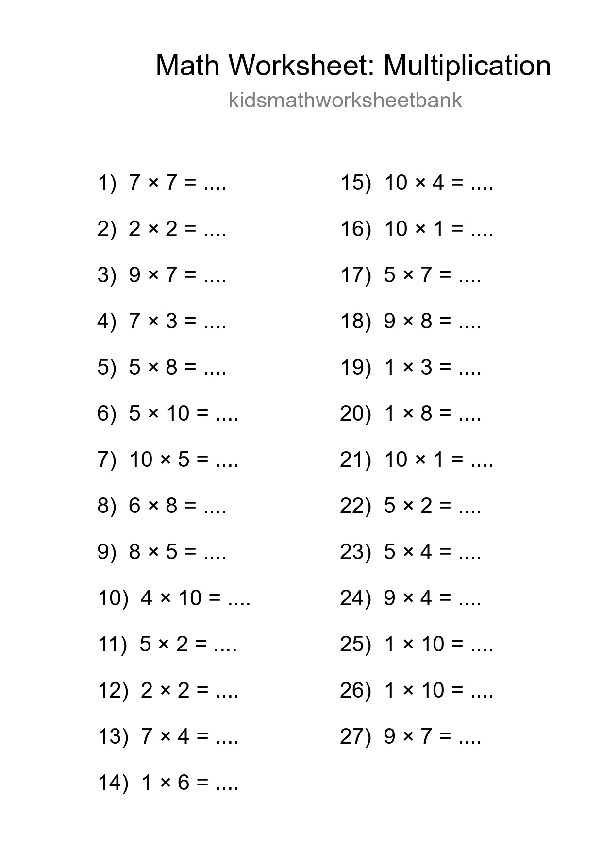 Printable Free 27 Multiplication Math Worksheet For Grade 1 - Part 293