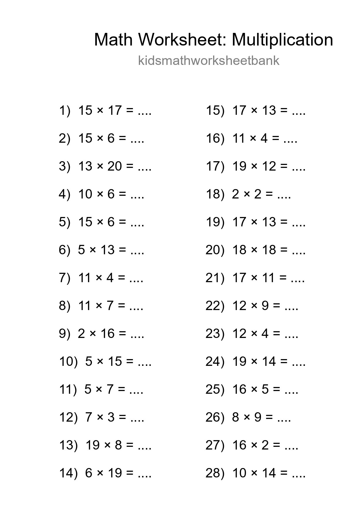 Printable Free 28 Multiplication Math Worksheet For Grade 2 - Part 172