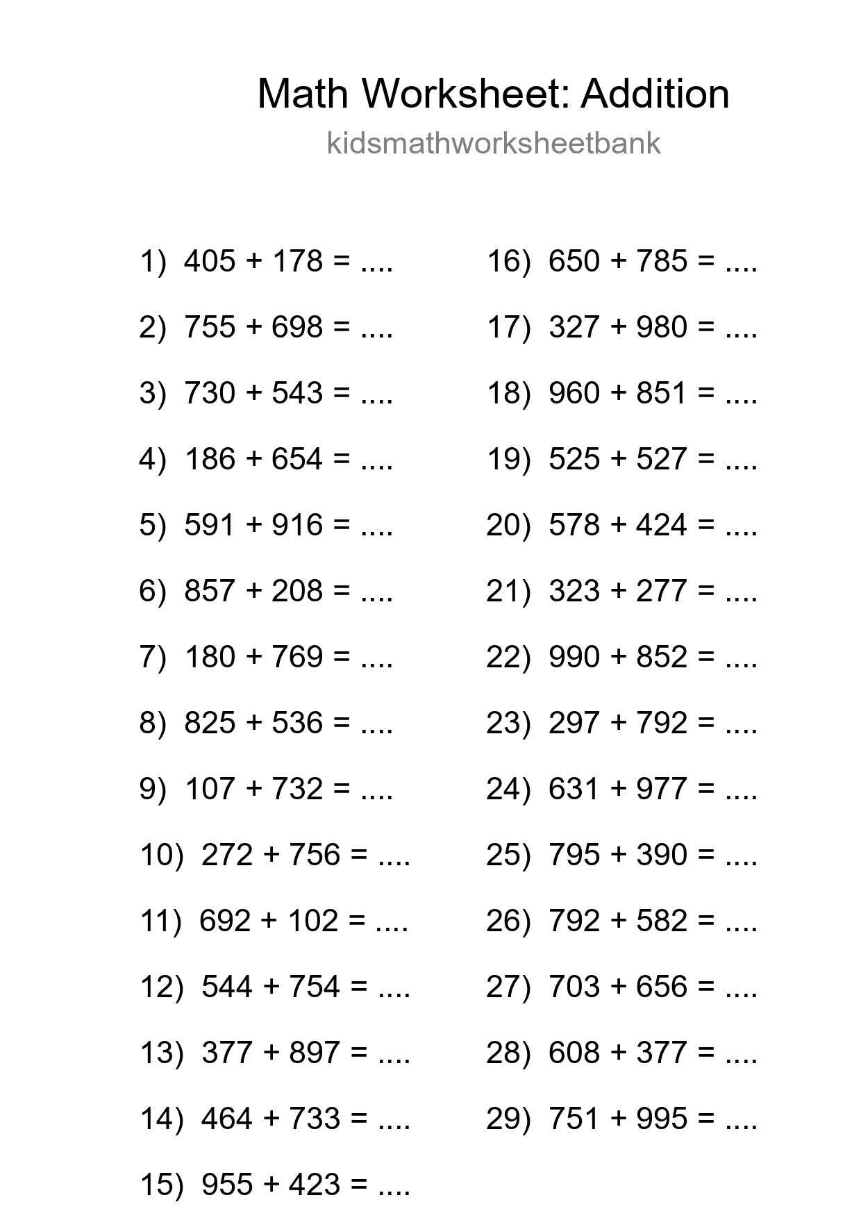 Printable Free 29 Addition Math Worksheet For Grade 5 - Part 34