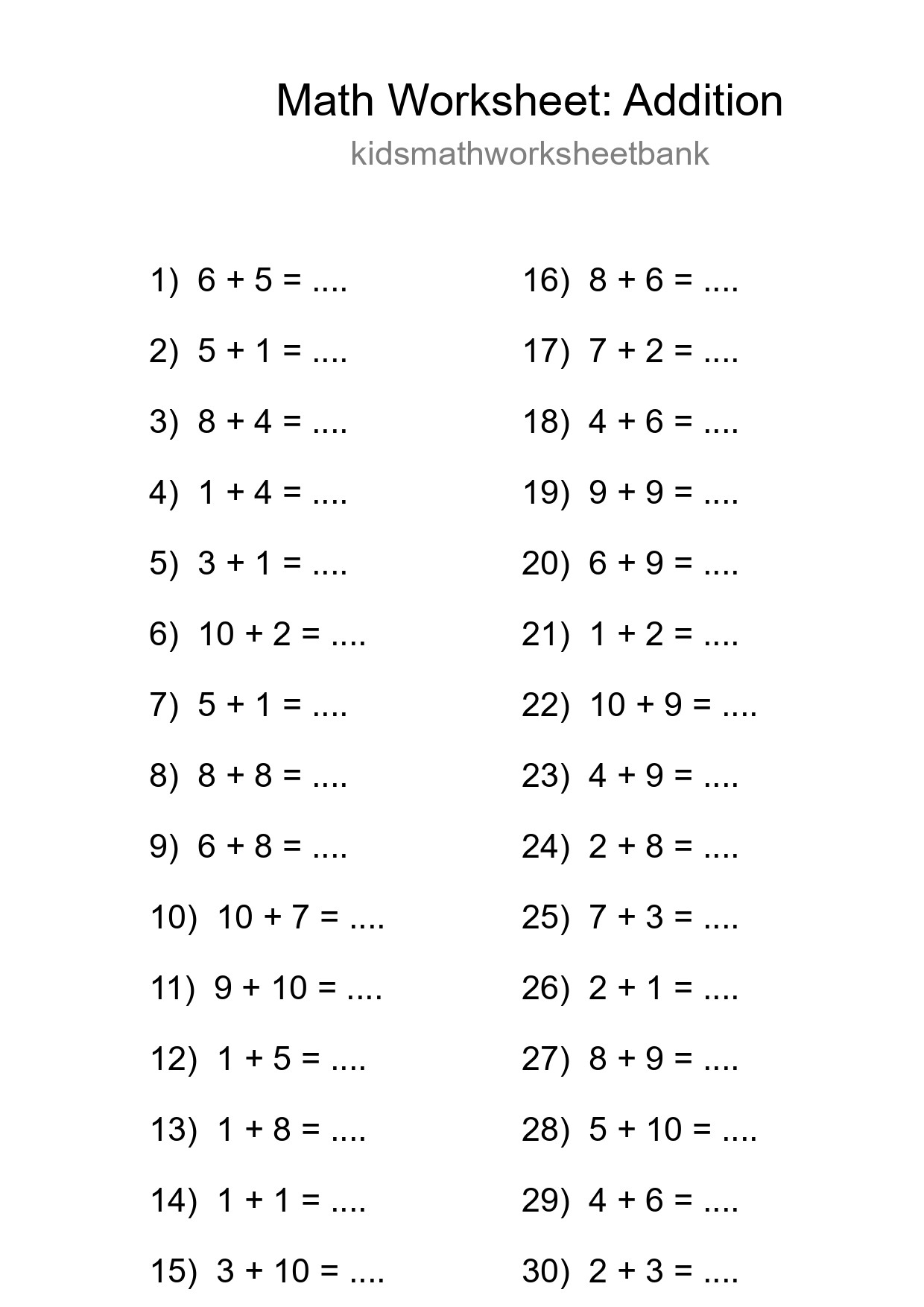 Printable Free 30 Addition Math Worksheet For Grade 1 - Part 23