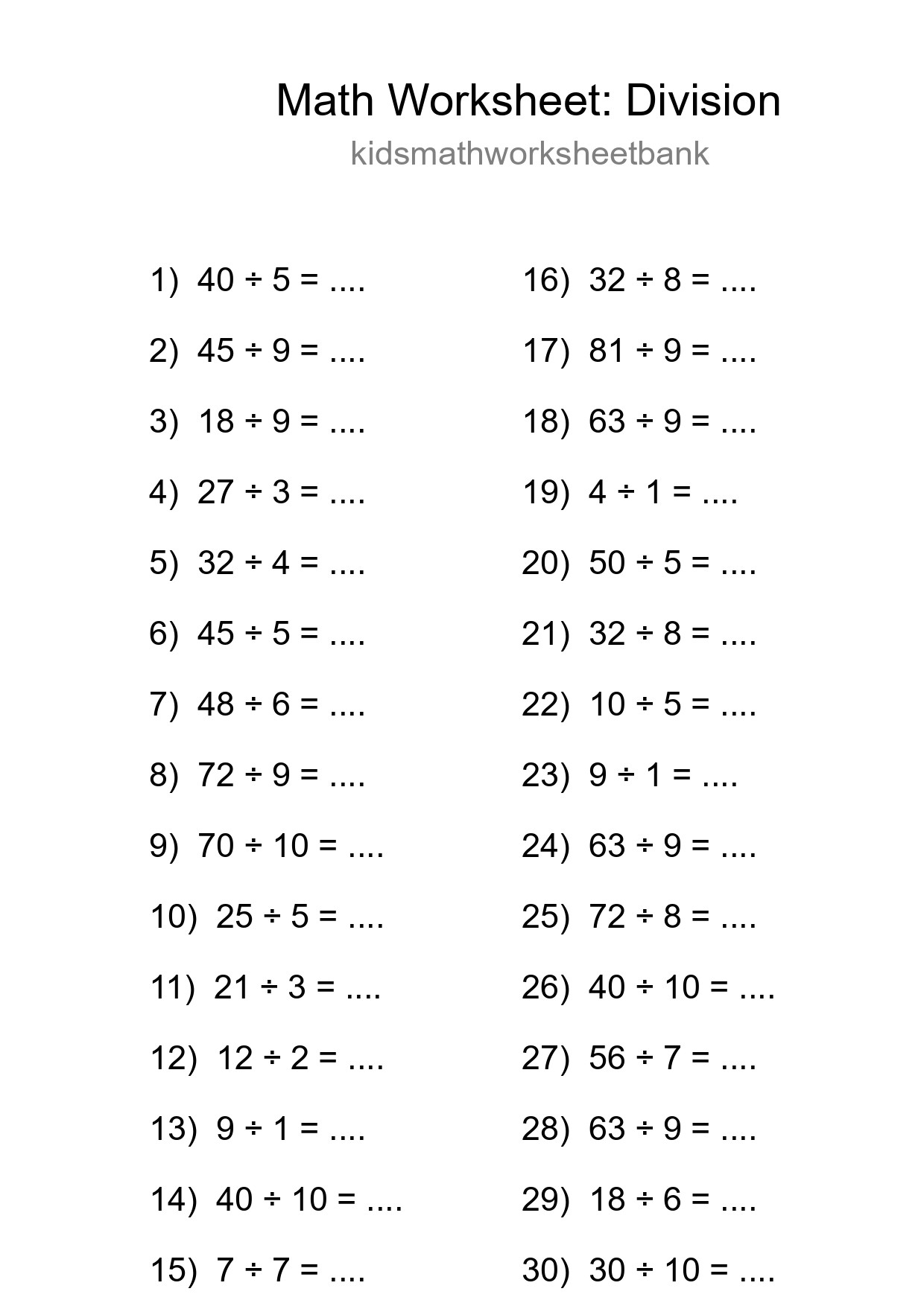 Printable Free 30 Division Math Worksheet For Grade 1 - Part 224